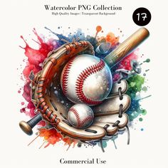 the watercolor png collection features baseballs and bats