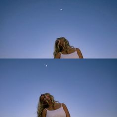 two pictures of a woman with her mouth open and the moon in the sky behind her