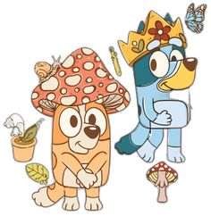 two cartoon animals wearing crowns and standing next to each other with butterflies on their heads