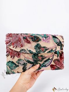 Bird in Bag - Floral Clutch Bag with Glitter Detail Rectangular Multicolor Sequined Shoulder Bag, Multicolor Sequined Rectangular Evening Bag, Multicolor Sequined Shoulder Bag For Party, Green Sequined Party Bag, Pink Sequined Party Bags, Festive Sequined Rectangular Bag, Multicolor Party Clutch Pouch, Multicolor Clutch Pouch For Party, Crochet Clutch Bags