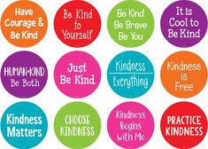 six circles with different words on them that say, be kind to yourself and be kind to