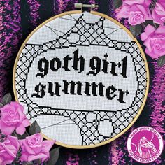 a cross stitch pattern with the words goth summer on it and pink roses in front