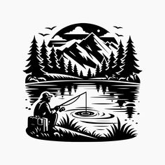 a man fishing on the lake with mountains in the background and trees around him, black and white illustration