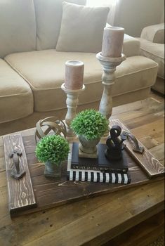 a living room with a couch, coffee table and potted plants on top of it