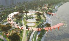 an artist's rendering of a park on the edge of a body of water