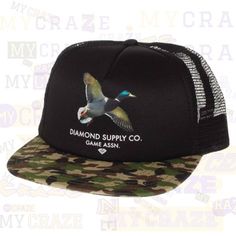 Diamond Supply Co Game Assn DUCK Trucker Camo Black Cap – MyCraze  #diamondsupplyco #baseballcap #streetwear Black Snapback, Camo Colors, Black Camo, Black Cap, Snapback Cap, Baseball Cap