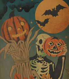 a skeleton holding a pumpkin in front of a full moon