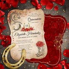 an ornate red and gold wedding card with a horse on it, surrounded by roses