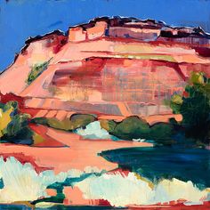 an abstract painting of red rocks and trees