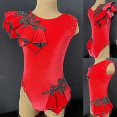 a red leotard with black sequins and bows