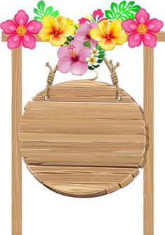 a wooden sign with flowers hanging from it's sides and a rope around the top