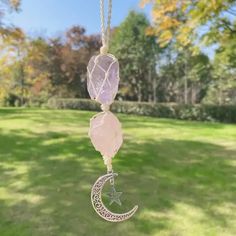 1pc Handmade Crystal Stone Moon Star Car Pendant Car Ornaments Car Rear View Mirror Hanging Decoration Car Interior Decorations, Clear Crystal Car Hangers, Woven Necklace, Reiki Chakra, Crystal Ornament, Crystal Suncatchers, Stone Crafts, Car Ornaments, Moon Star, Chakra Crystals