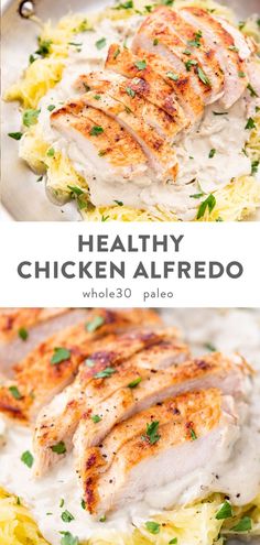 chicken alfredo on a white plate with parsley garnish and the words healthy chicken alfredo above it