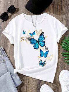 Tween Girl Casual Butterfly Printed Short Sleeve T-Shirt, Summer Black Casual  Short Sleeve Fabric Animal,Butterfly  Medium Stretch  Tween Girls Clothing, size features are:Bust: ,Length: ,Sleeve Length: Cutesy Outfits, Cutesy Outfit, Animal Butterfly, Stylish Outfits Casual, Aesthetic Tshirt, Butterfly T Shirt, Butterfly Shirt, Girls T Shirts, Butterfly Shirts