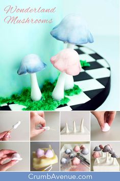 the cake is decorated with fondant mushrooms and marshmallows to look like mushroom tops