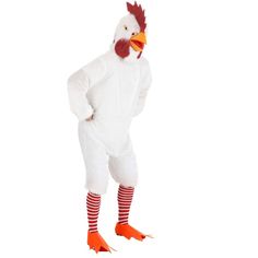 a man in a chicken costume standing with his hands on his hips and legs crossed