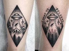 two black and white tattoos on legs with an alien spaceship flying over the mountain range