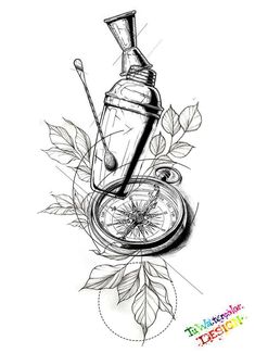 an ink drawing of a bottle with a compass on it and leaves around the bottom