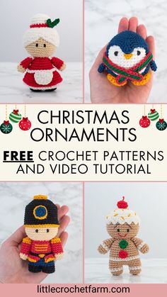 The crochet Christmas Ornaments free patterns set 02 is part of the collection of 12 Christmas ornaments and they all have video tutorial! In this set, you find the Nutcracker, Mrs. Claus, Gingerbread Man and Chubby Penguin! Have fun crocheting your set! This and many other free crochet patterns you find on LittleCrochetFarm.com Crochet Christmas Ornaments Free Patterns, Crochet Christmas Ornaments Free Pattern, Crochet Farm, Christmas Crafts To Make And Sell, Crochet Christmas Ornaments Free, Christmas Crafts To Make, Holiday Crochet, Crochet Christmas Ornaments, Christmas Crochet Patterns