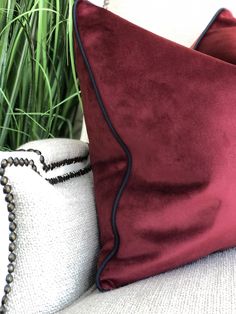 a red pillow sitting on top of a white couch next to a green grass plant