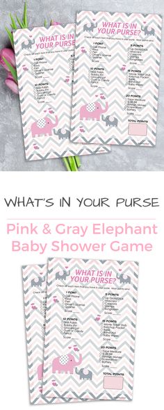 pink and gray elephant baby shower game with flowers in the middle, on a grey background