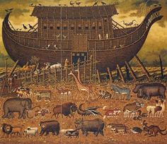 a painting of noah's ark with animals and birds surrounding it in the foreground