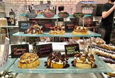 a display case filled with lots of different types of desserts