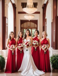 a bride and her bridesmaids in red dresses