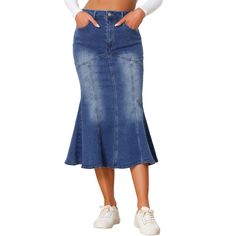 A denim skirt with a fishtail hem and high waist design is a versatile piece that can add a touch of femininity to your wardrobe. The stretchy material ensures a comfortable fit, while the midi length provides just the right amount of coverage. You can pair it with a basic T-shirt for a casual look or dress it up with high heels or boots for a more formal occasion. This skirt is suitable for a variety of seasons and occasions, including work, school, holidays, weekends, shopping, streetwear, dat A Line Denim Skirt, Womens Denim Skirts, Midi Jeans, Long Denim Skirt, School Holiday, Perfect Curves, Denim Jean Skirt, Plus Size Brands, Denim Skirt Women