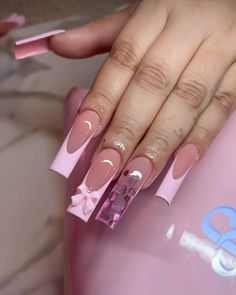 Bow Nails Acrylic, Preppy Pink Nails, Bow Nails Design, Pink Bow Nails, Nails With Hearts, Nails Bow, Nails Valentines Day, Pink French Tip, Bow Nails