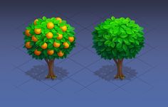 two trees with oranges on them are shown in three different positions, one is green and the other is red