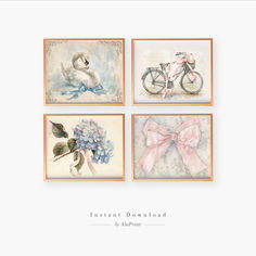 four watercolor paintings of bicycles and flowers in pastel colors, with the words instant download written below