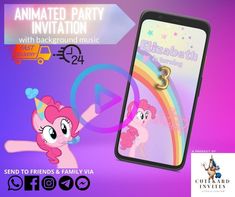 the pinkie pony is dancing with her friends in front of an animated party card