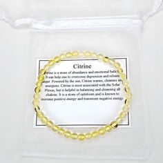 Men's Citrine 4mm Gemstone Bracelet Citrine is a stone of abundance and emotional balance. Powered by the Sun, Citrine warms, cleanses and energizes. Citrine is most associated with the Solar Plexus but is helpful in balancing and cleansing all chakras. It is a stone of optimism and is known to increase energy. Citrine is an excellent stone for transmuting low vibrational and negative energy. 4mm beads are strung on an elastic cord and are available in a men's size fitting a 8" wrist. Due to the Release Anger, Motivational Jewelry, Increase Energy, Emotional Balance, How To Increase Energy, Negative Energy, Gemstone Bracelet, Plexus Products, Semi Precious Gemstones