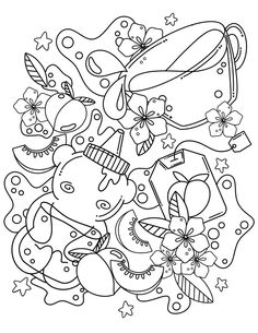 a black and white coloring page with lots of different things on it, including an elephant