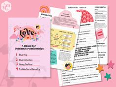 the love manual is open on top of pink paper with stars and hearts around it