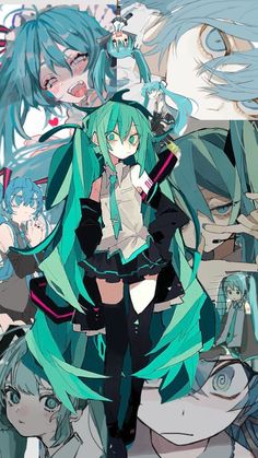 an anime character with blue hair and green eyes standing in front of other characters wearing black clothing