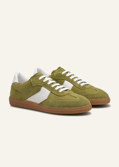 Retro Sneaker | ME+EM Sporty Olive Leather Sneakers, Casual Green Sneakers With Suede Lining, Olive Leather Low-top Sneakers, Olive Low-top Leather Sneakers, Casual Khaki Suede Sneakers, Casual Olive Leather Sneakers, Sporty Khaki Leather Sneakers, Dress And Trainers, Tonal Dressing