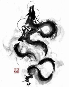 a black and white drawing of a dragon with chinese writing on the back ground,