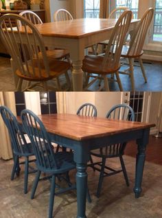 before and after photos of a dining room table with chairs painted in different shades of blue