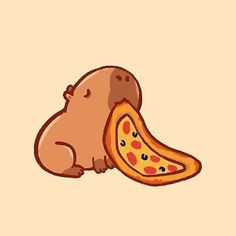 a brown bear sitting on top of a piece of pizza next to it's face