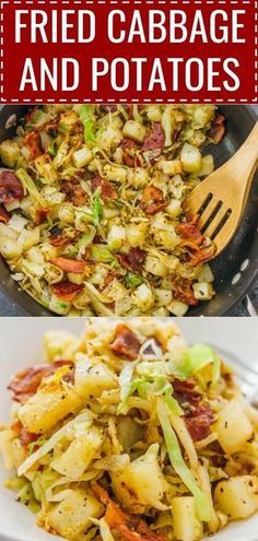 fried cabbage and potatoes in a skillet with text overlay