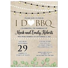 a wedding party card with lights and greenery on the front, featuring an i do bbo sign