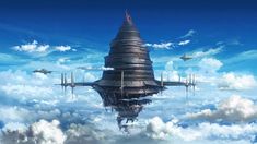 an image of a sci - fi space station floating in the air with clouds surrounding it