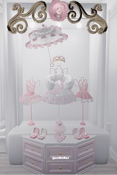 a room with pink furniture and decorations on the wall, including an umbrella above it