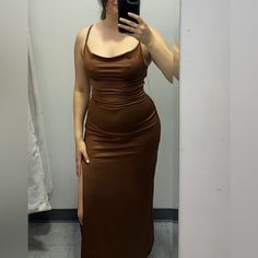 Brand New, Ntw, Unworn Stunning Brown Maxi Dress. Only Wore To Try On. Can Be Worn As Bridesmaid Dress, Special Occasion, Formal Events, Or Causally. Bought The Wrong Size. Soft Material, Spaghetti Cross Straps, A Floor-Length, Curve-Hugging Silhouette, And An Alluring High Slit. Sultry Open-Back With Cross Straps Design. She Hugs Your Body Like A Glove On Her Form-Fitting, Maxi Length Dress With A Moderate Stretch. Can Be Dressed Up Or Down. (Red Dress Pictured Is What Dress Looks Like, Brown I Brown Wedding Dress, Brown Maxi Dress, Brown Maxi Dresses, Colorful Dresses Formal, Hugging Silhouette, Dress Picture, Cross Straps, Formal Dress, Try On