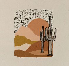 an illustration of a cactus and mountains in the desert with dots on it's surface