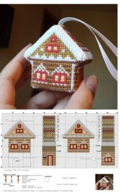 a cross stitch house ornament is shown with instructions to make it look like it's made out of beads