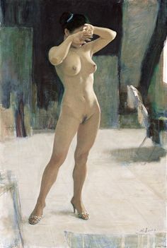 a painting of a naked woman standing in front of a mirror with her hand on her head