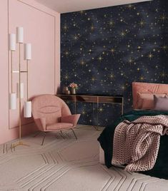 a bedroom decorated in pink and gold with stars on the wall behind the bed is a chair